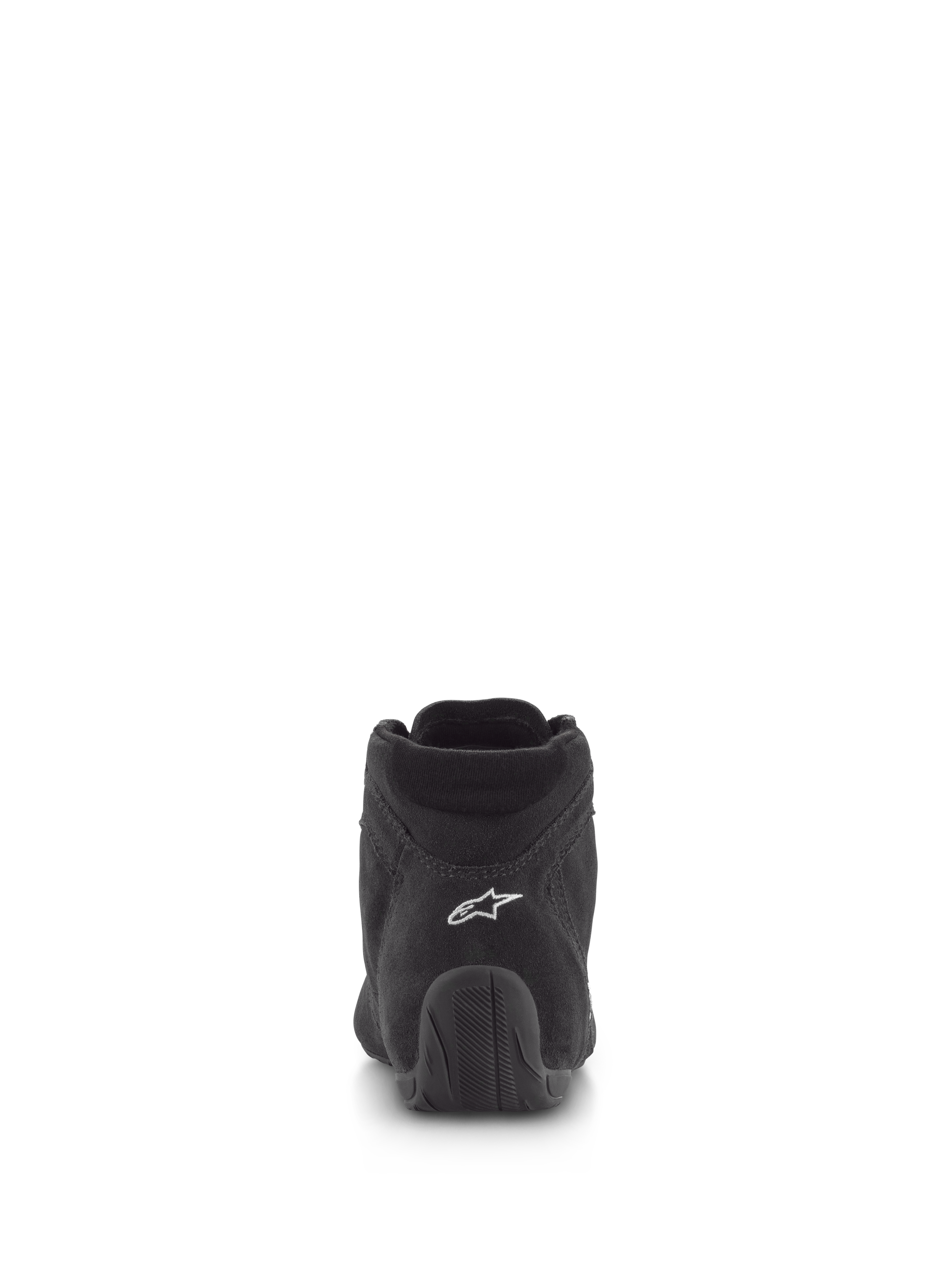 Alpinestars SP V2 Shoes, Auto Racing Shoes, Black, rear view featuring premium suede upper with white logo on the heel and textured rubber sole, professional motorsport footwear