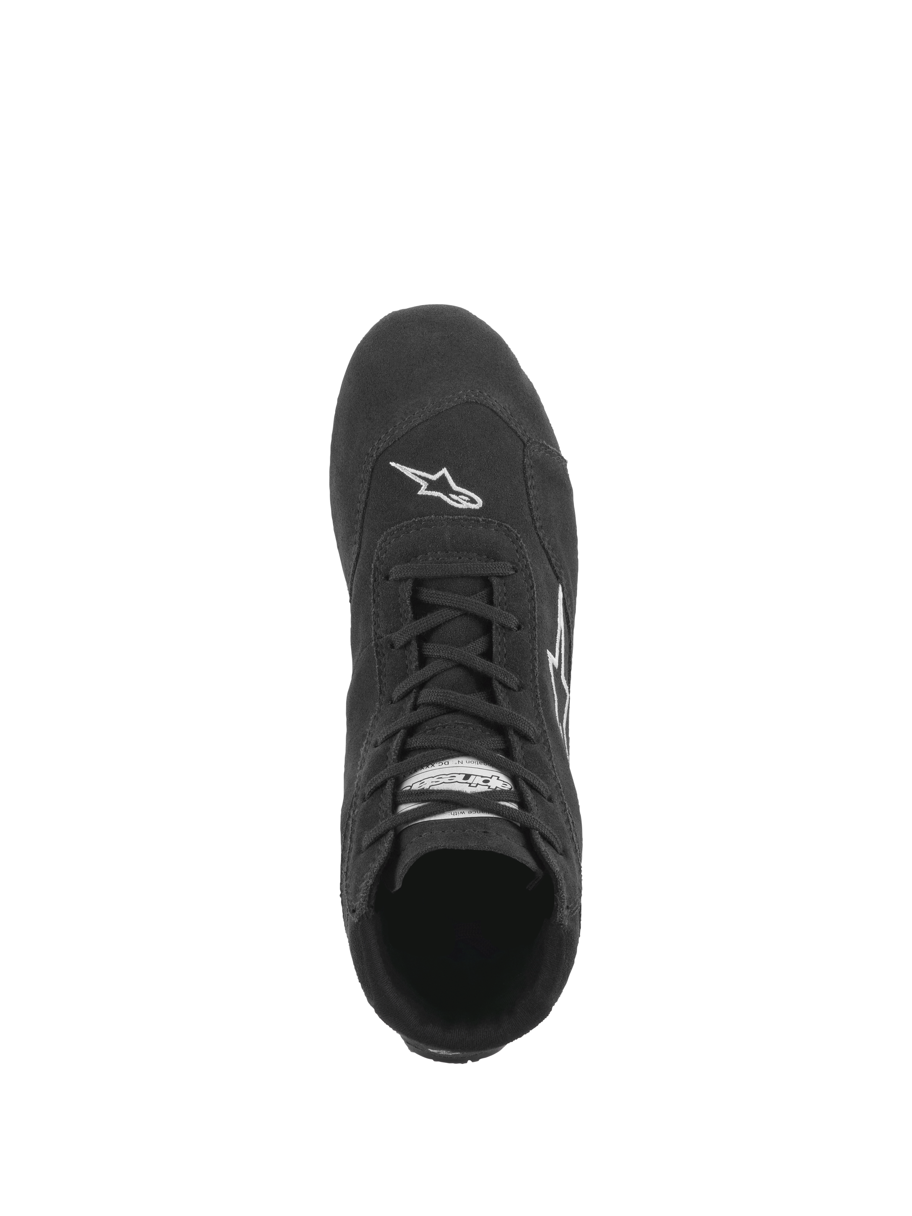 Alpinestars SP V2 Shoes, Auto Racing Shoes, Black, top-down view showing the asymmetric lacing system, premium suede construction, and white Astars logo branding on the toe