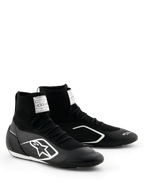 Alpinestars Supertech K Shoes - FIA, Karting Shoes, Black and White, fully knitted upper with high-top sock-like fit, white Alpinestars logo on the side, white FIA certification label on the tongue, sleek lightweight design for racing performance