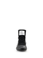 Alpinestars Supertech K Shoes - FIA, Karting Shoes, Black and White, Front view featuring a high-top knitted upper, black laces, and an FIA homologation label on the tongue.