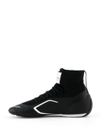 Alpinestars Supertech K Shoes - FIA, Karting Shoes, Black and White, side profile view, featuring a fully knitted high-top construction, white angular side graphics, and white logo on the toe, technical racing footwear