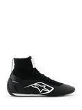 Alpinestars Supertech K Shoes FIA, Black Karting Racing Shoes, High-Top Knitted Design with White Logo, Sock-Like Ankle Collar, White Textured Sole, FIA Certified