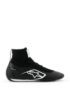 Alpinestars Supertech K Shoes FIA, Black Karting Racing Shoes, High-Top Knitted Design with White Logo, Sock-Like Ankle Collar, White Textured Sole, FIA Certified