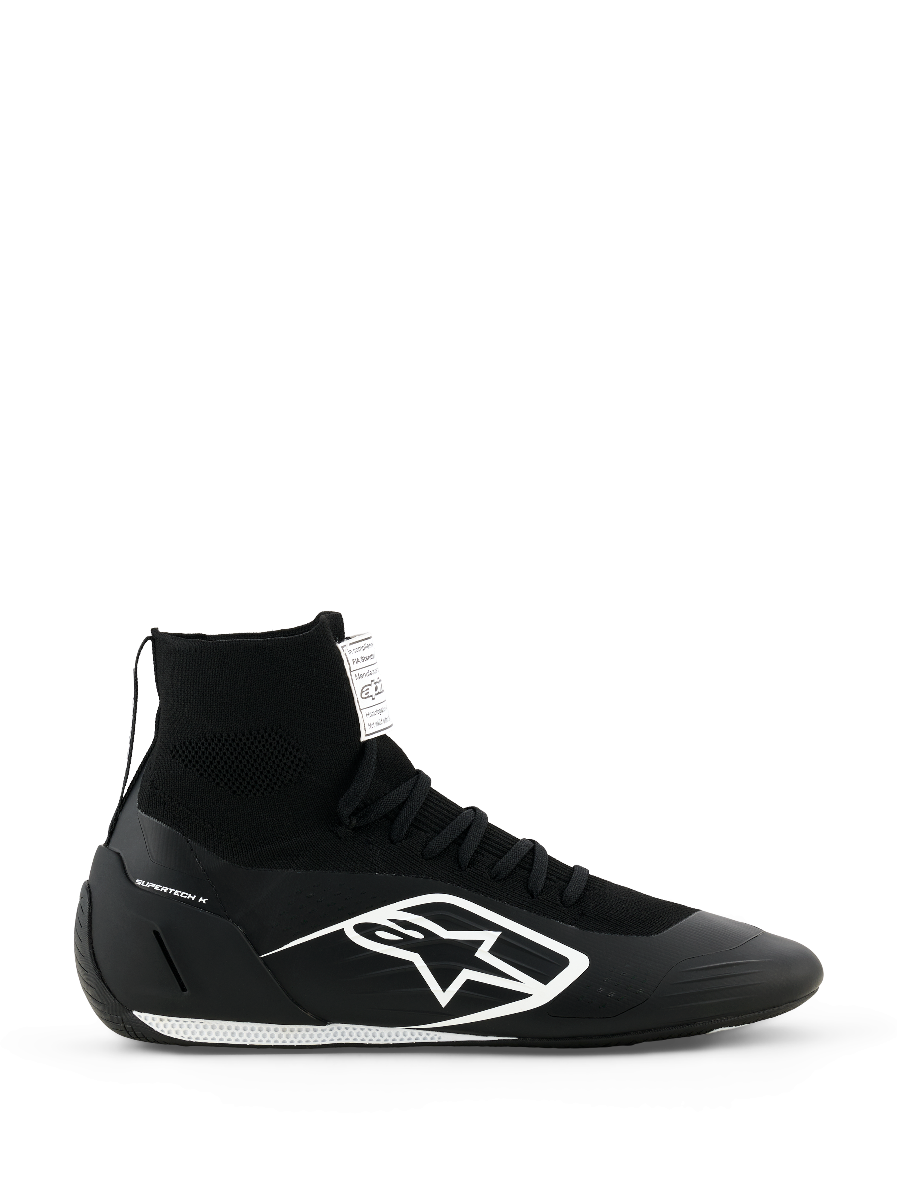 Alpinestars Supertech K Shoes FIA, Black Karting Racing Shoes, High-Top Knitted Design with White Logo, Sock-Like Ankle Collar, White Textured Sole, FIA Certified