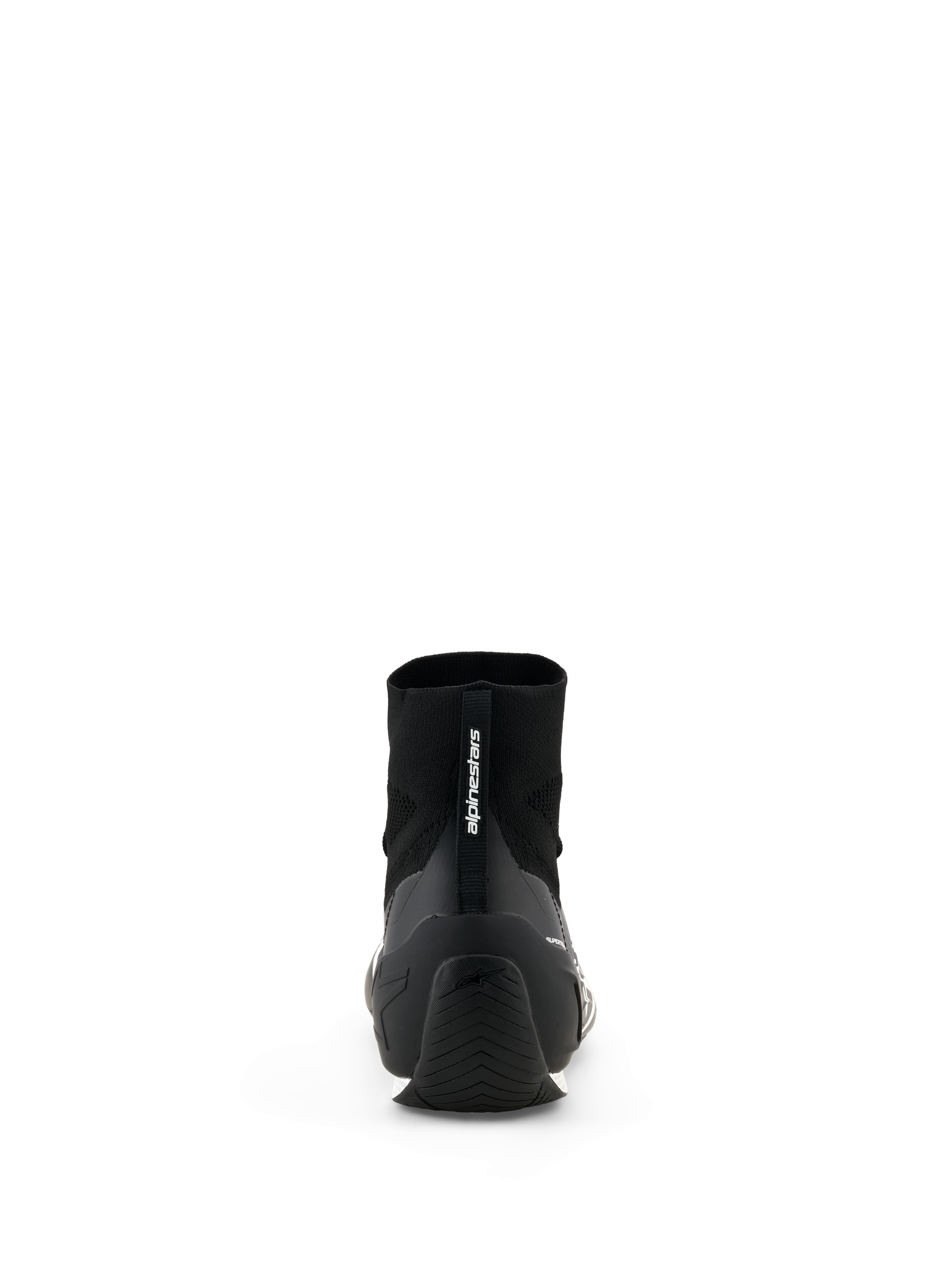 Alpinestars Supertech K Shoes - FIA, Karting Shoes, Black, rear view showing knitted upper construction and TPU heel counter, Alpinestars branding on heel pull tab, professional motorsport footwear