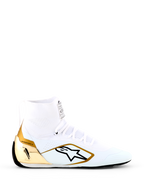Alpinestars Supertech K Shoes - FIA, White and Gold Karting Shoes, high-top design with fully knitted upper, metallic gold TPU heel counter, black Alpinestars star logo, ultra-thin racing sole, professional FIA certified footwear