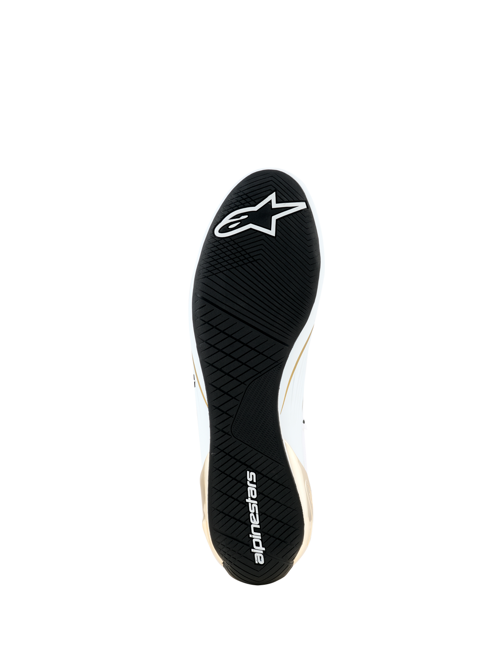 Alpinestars Supertech K Shoes - FIA, bottom view showing the black ultra-thin rubber outsole, asymmetric tread pattern for grip, white Alpinestars logo and wordmark, gold and white side accents, specialized karting footwear