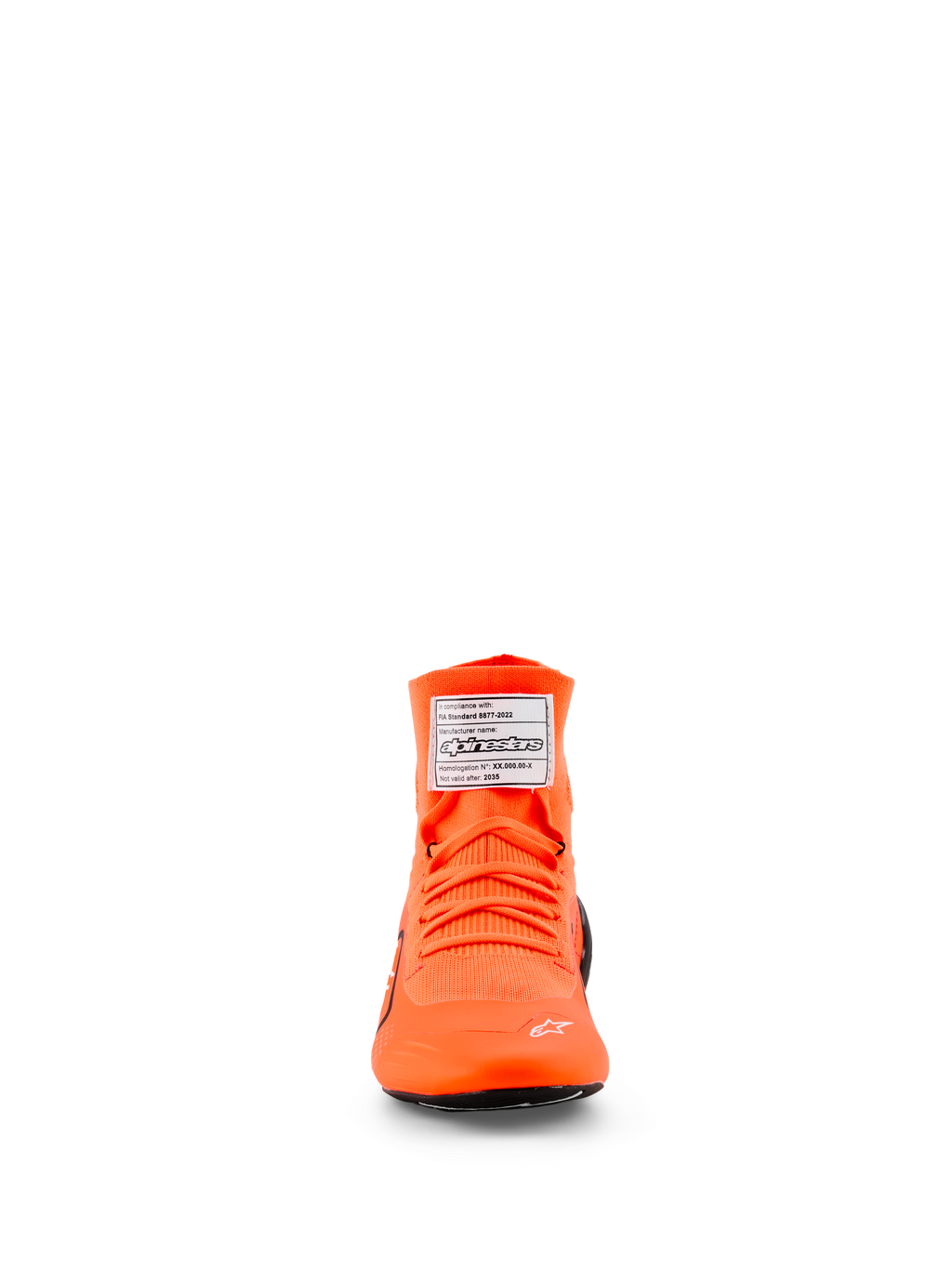 Alpinestars Supertech K Shoes - FIA, Karting Shoes, Orange Fluo, front view featuring a knitted upper with matching orange laces, white FIA certification label on the tongue, and a small white star logo on the toe