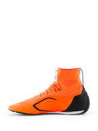 Alpinestars Supertech K Shoes - FIA, Karting Racing Shoes, Orange Fluo Black and White, side view featuring a seamless knitted upper, integrated ankle collar, black TPU heel counter, and ultra-thin performance outsole.