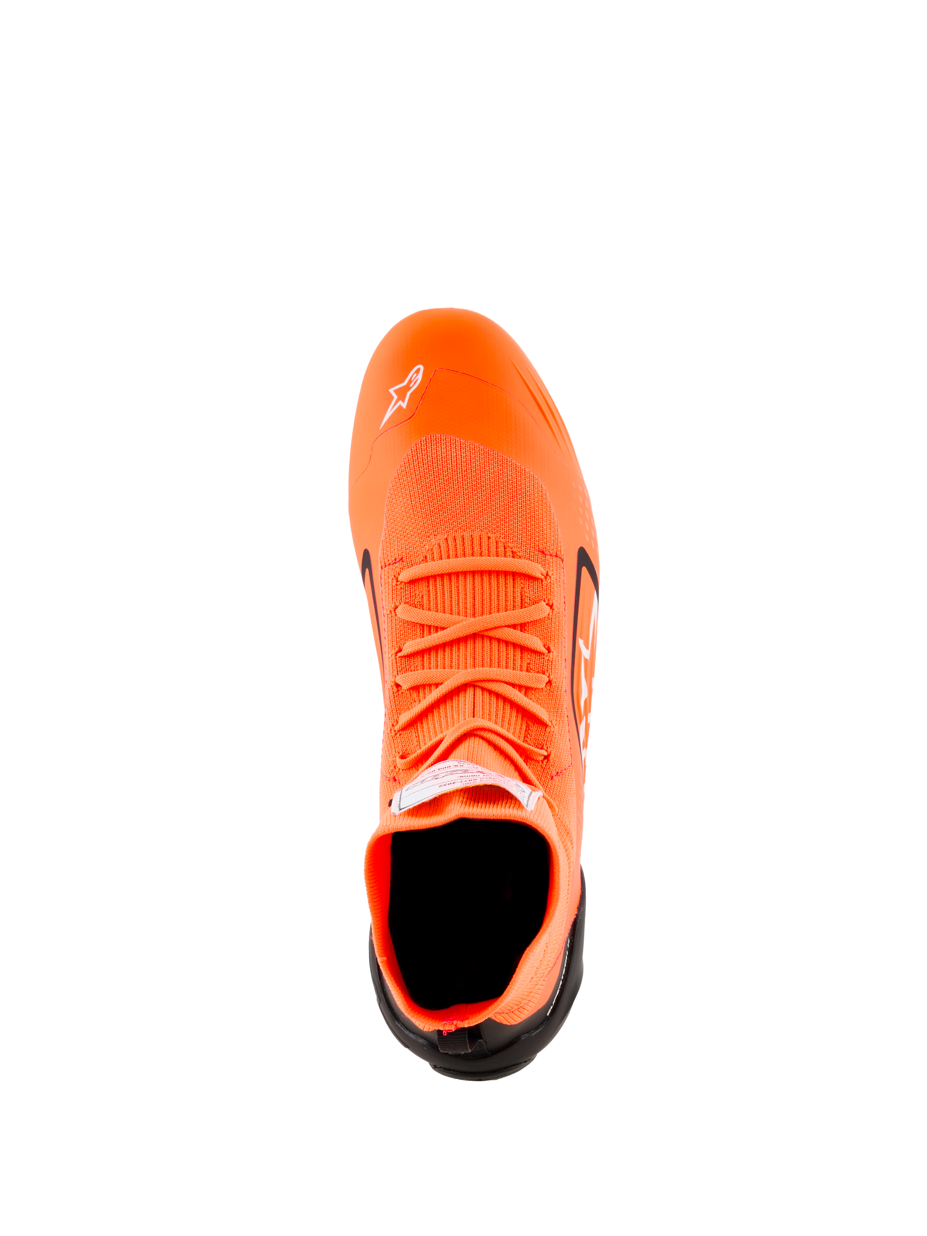 Alpinestars Supertech K Shoes - FIA, Karting Shoes, Orange Fluo Black and White, top-down view showing the knitted upper construction, orange laces, white Astars logo on the toe, and black heel counter