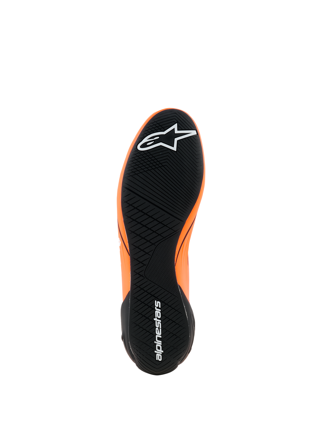 Alpinestars Supertech K Shoes - FIA, Karting Shoes, Orange Fluo Black and White, view of the black rubber outsole with asymmetric tread pattern, white Alpinestars logos on the toe and heel, ultra-thin performance sole