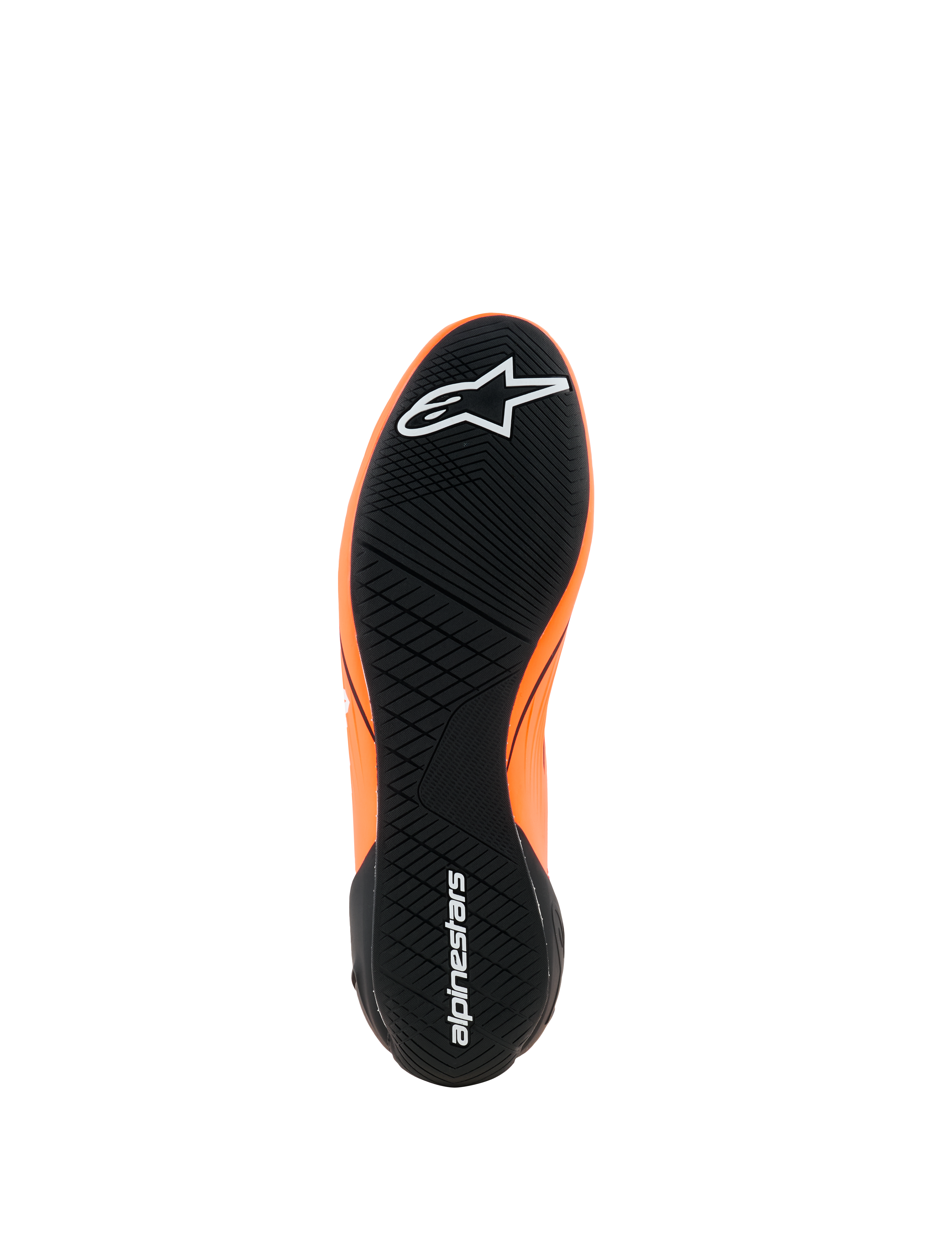 Alpinestars Supertech K Shoes - FIA, Karting Shoes, Orange Fluo Black and White, view of the black rubber outsole with asymmetric tread pattern, white Alpinestars logos on the toe and heel, ultra-thin performance sole