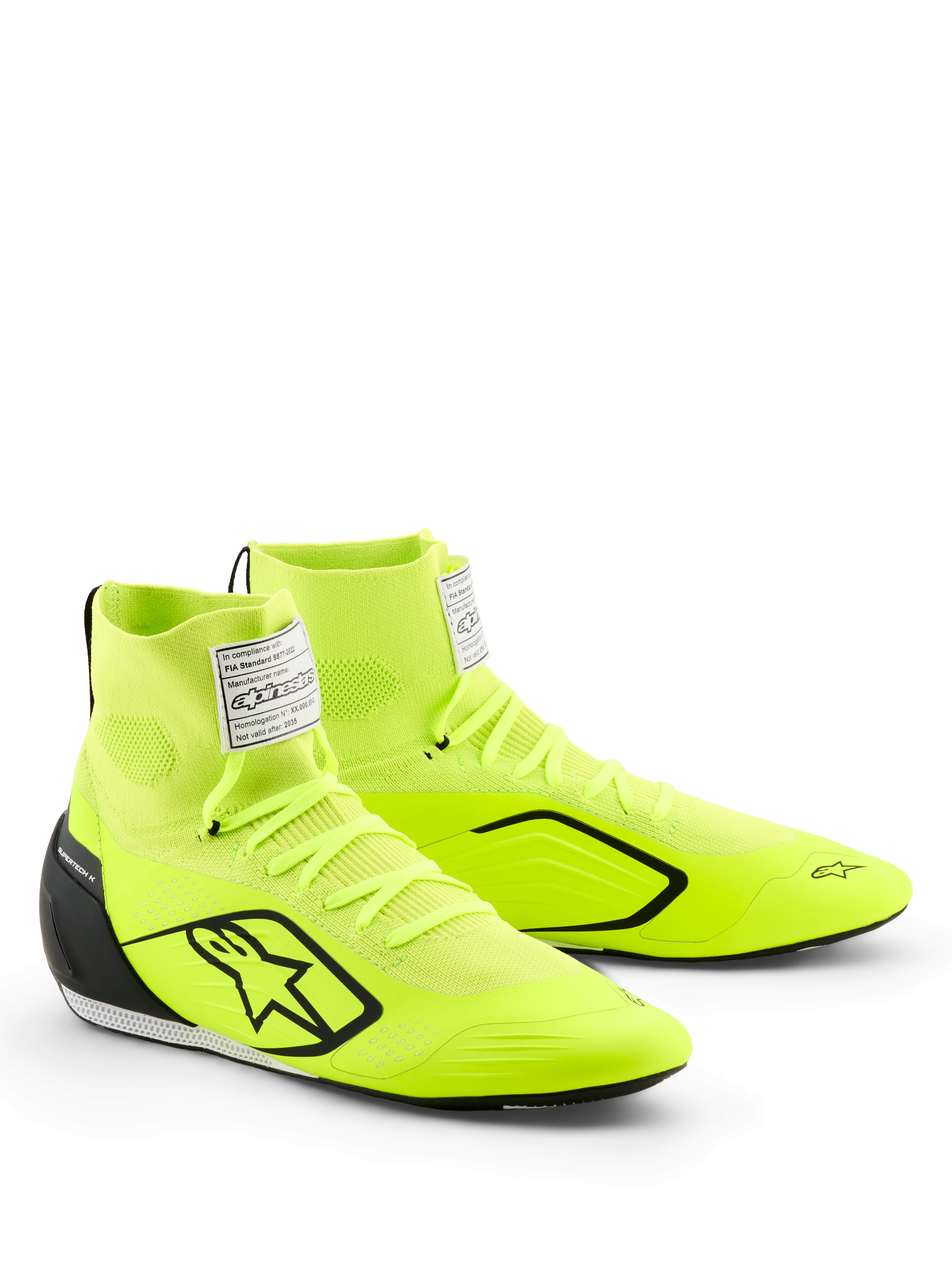 Alpinestars Supertech K Shoes, Karting Shoes, Yellow Fluo Black and White, featuring a bright neon yellow knitted upper with a black star logo, injected TPU heel counter, white FIA label on the tongue, and sleek motorsport design