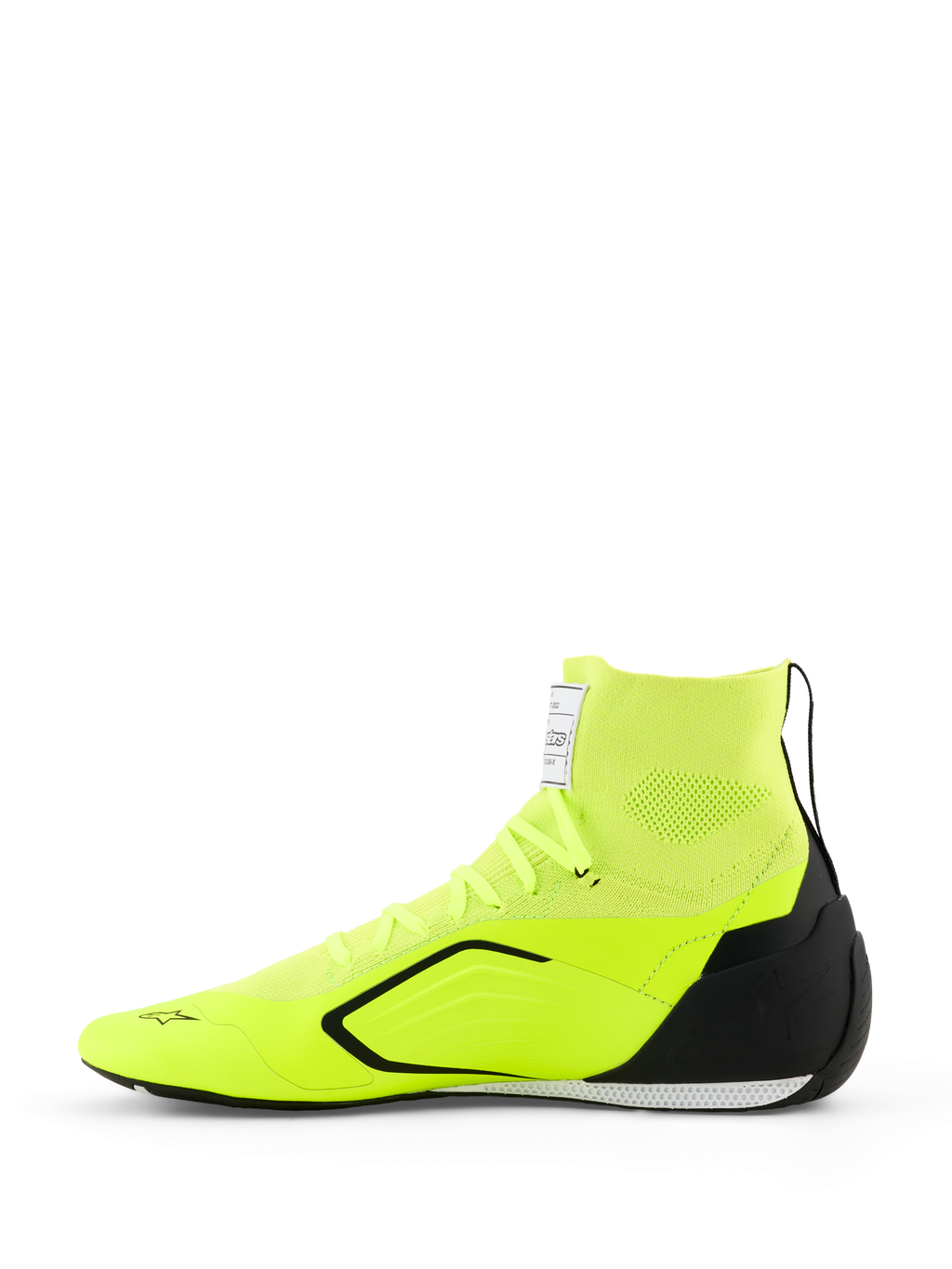 Alpinestars Supertech K Shoes - FIA, Karting Shoes, Yellow Fluo Black White, side view featuring a fully knitted upper with a sock-like collar, black TPU heel counter, thin white and black outsole, and Alpinestars branding on the toe and tongue