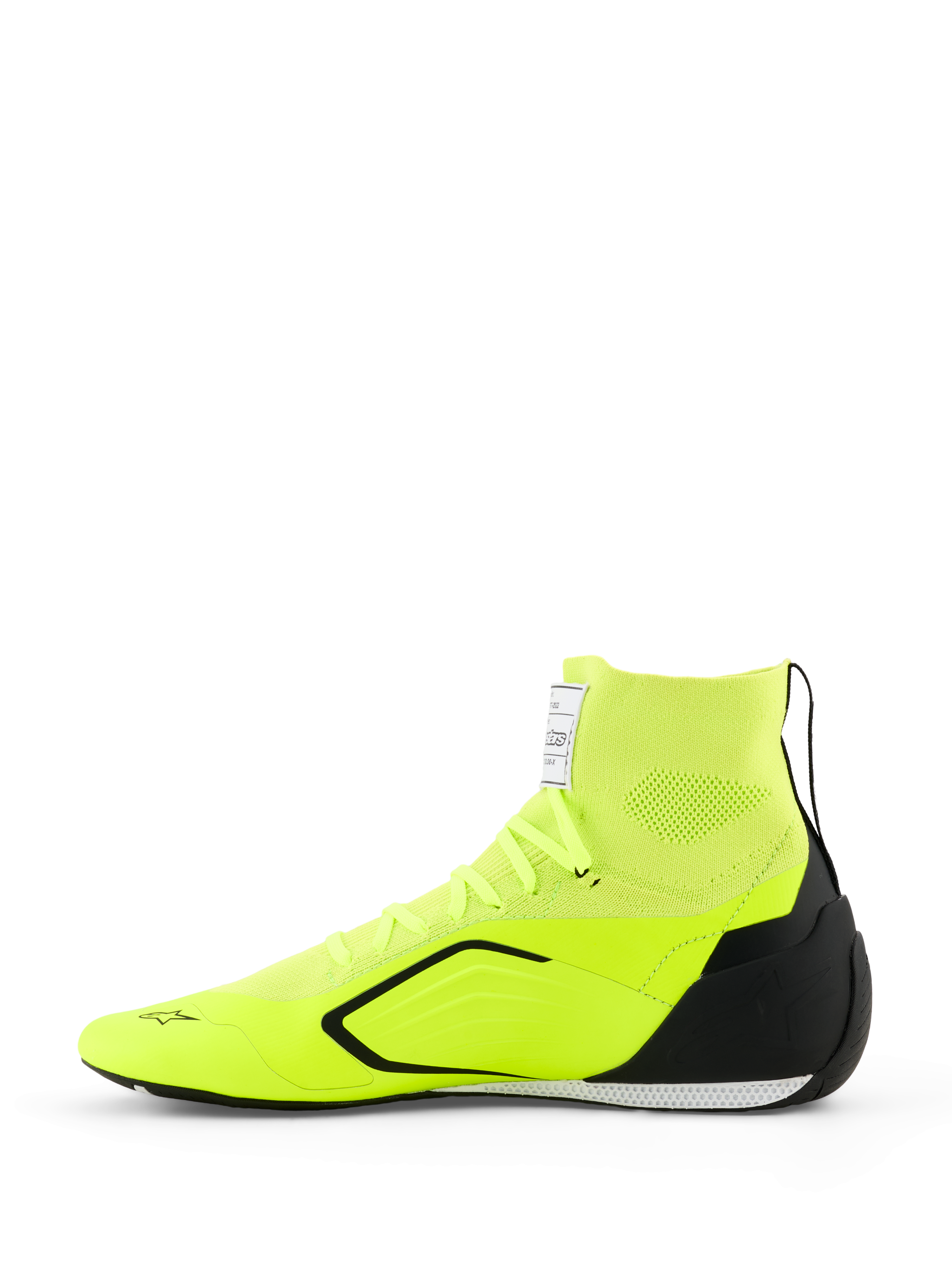 Alpinestars Supertech K Shoes - FIA, Karting Shoes, Yellow Fluo Black White, side view featuring a fully knitted upper with a sock-like collar, black TPU heel counter, thin white and black outsole, and Alpinestars branding on the toe and tongue