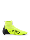Alpinestars Supertech K Shoes - FIA, Karting Shoes, Yellow Fluo and Black, side profile view, fully knitted upper with high-top ankle collar, black TPU heel counter, large black Alpinestars logo, lightweight racing footwear