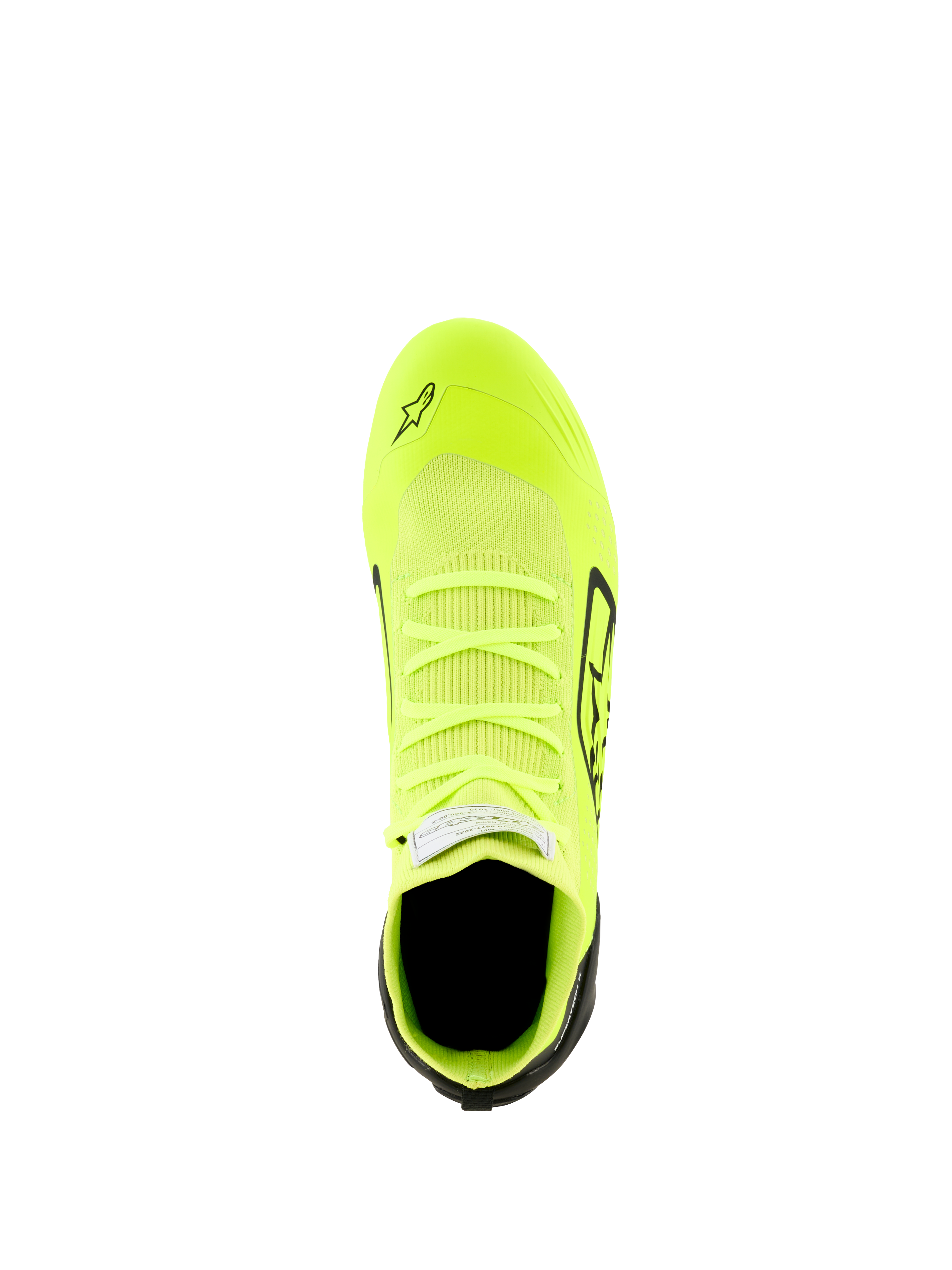 Alpinestars Supertech K Shoes - FIA, Karting Shoes, Yellow Fluo Black and White, top-down view featuring a fully knitted upper, fluorescent yellow body with black heel and side accents, sleek aerodynamic profile for precision racing