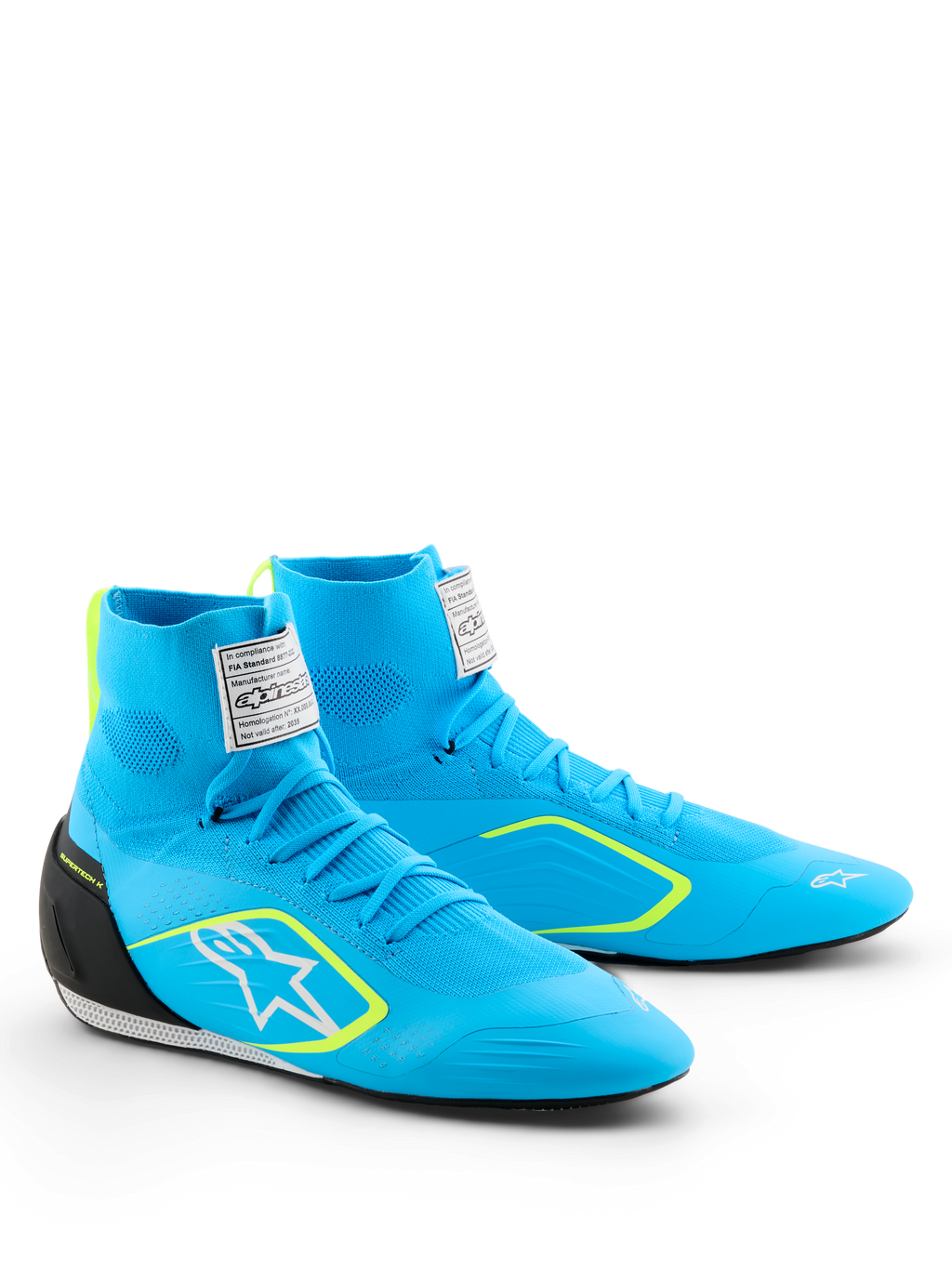 Alpinestars Supertech K Shoes - FIA, Karting Shoes, Light Blue with Black and Yellow Fluo accents, high-top knitted upper, white Astars logo on the side, black TPU heel counter, professional motorsport performance footwear
