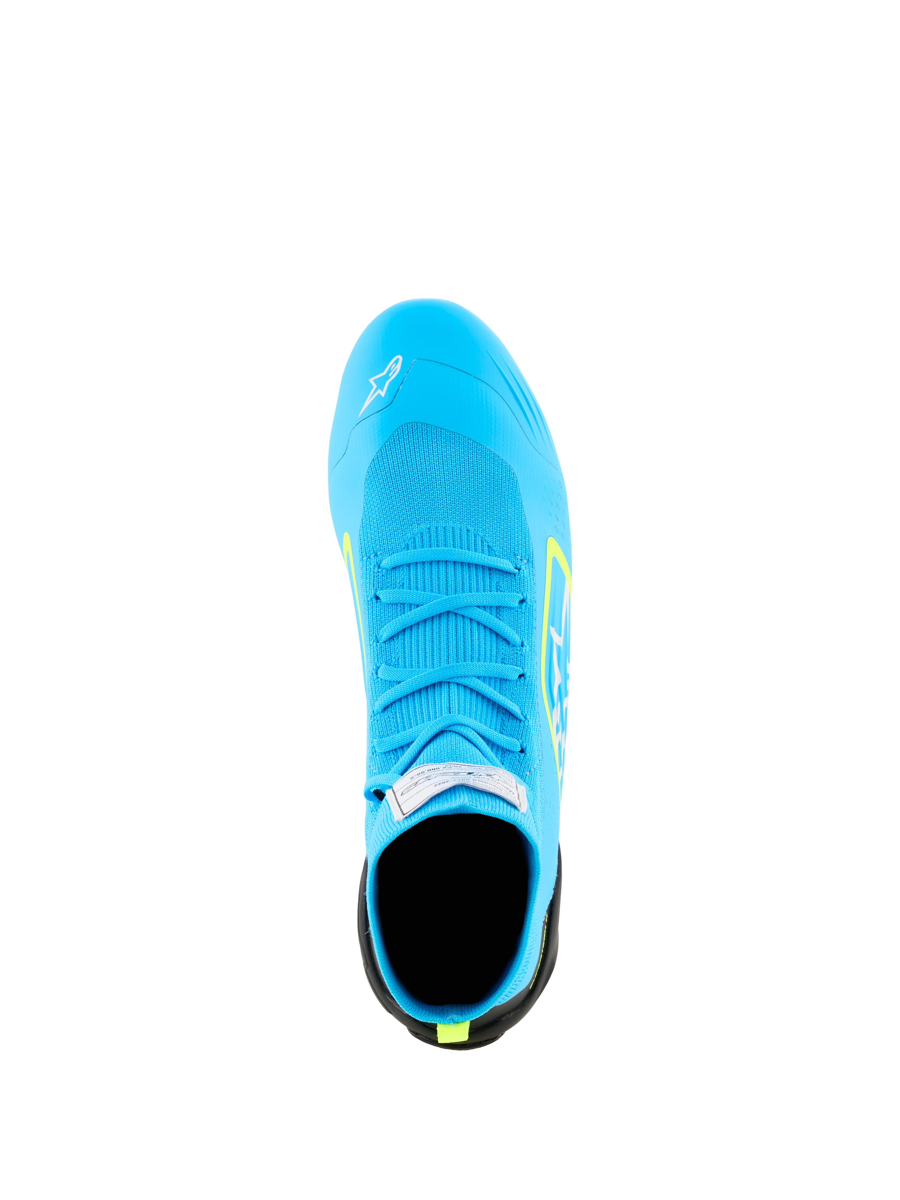 Alpinestars Supertech K Shoes - FIA, Karting Shoes, Light Blue with Yellow Fluo accents, top-down view showing the fully knitted upper, matching blue laces, and FIA certification tag on the tongue