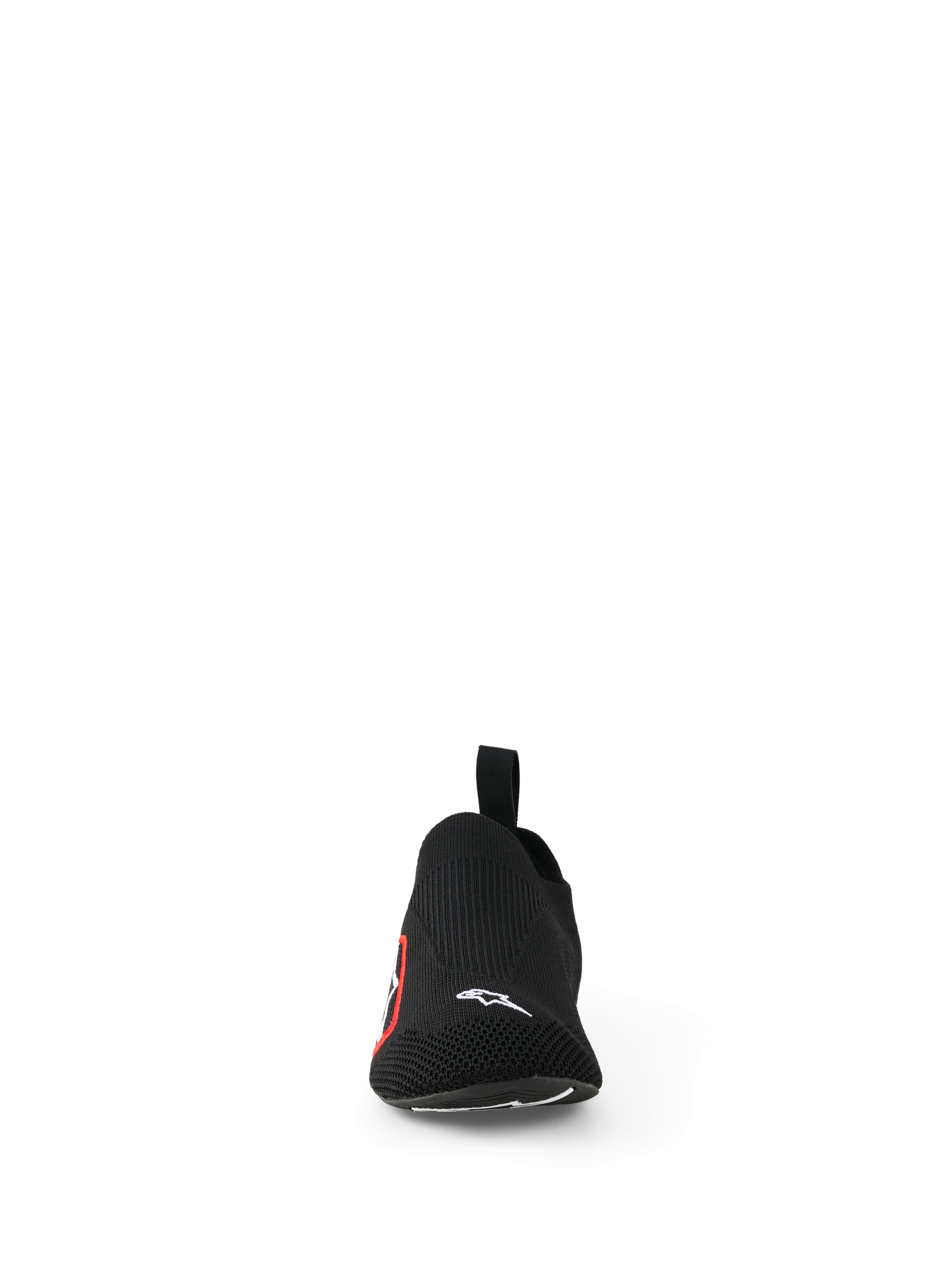 Alpinestars Tech Gaming Shoes, Sim Racing Footwear, Black, front view featuring a seamless knitted stretch upper, small white Alpinestars logo on the toe, red and white side logo, lightweight design for pedal sensitivity and comfort