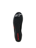 Alpinestars Tech Gaming Shoes, Outsole View, Black ultra-thin rubber sole with textured grip pattern, white star logo and red Alpinestars branding, SIM-racing footwear