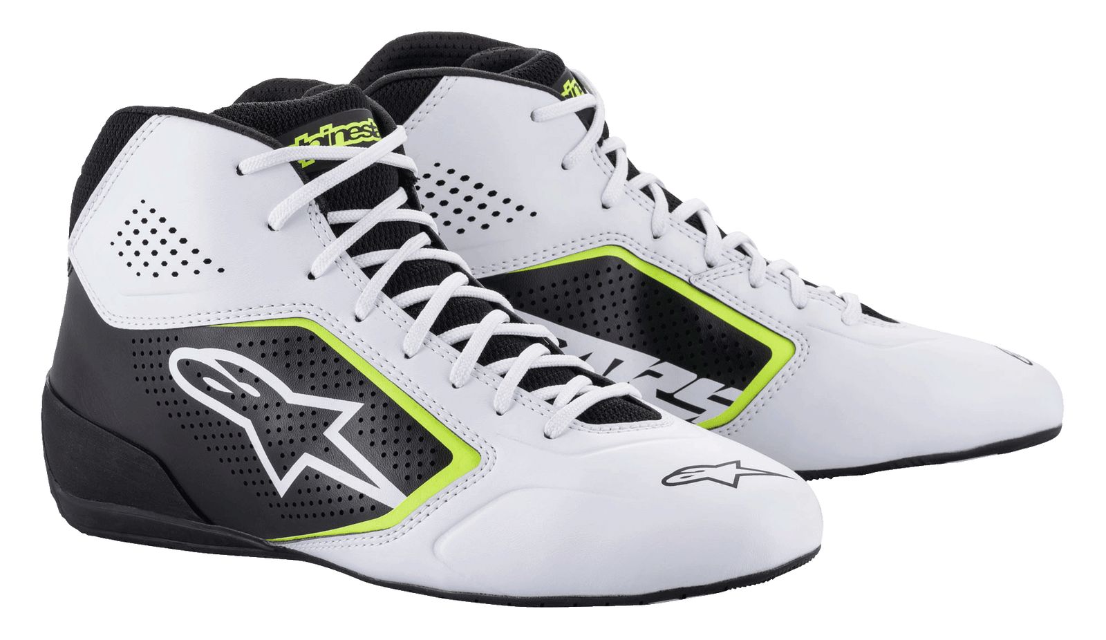 Alpinestars Tech-1 K Start V2 Shoes, Karting Shoes, White Black and Yellow Fluo, featuring perforated side panels, large white star logo, and neon yellow accents, professional motorsport footwear