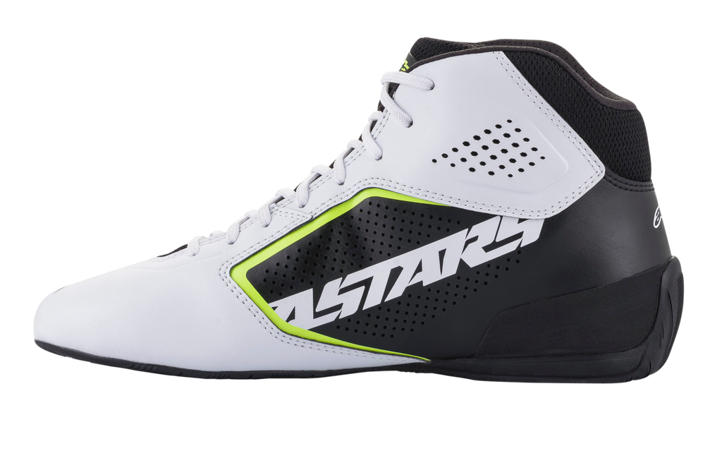 Alpinestars Tech-1 K Start V2 Shoes, Karting Shoes, White Black and Yellow Fluo, side view featuring a perforated white microfiber upper, black side panel with bold ASTARS branding, neon yellow highlights, and a streamlined black sole.