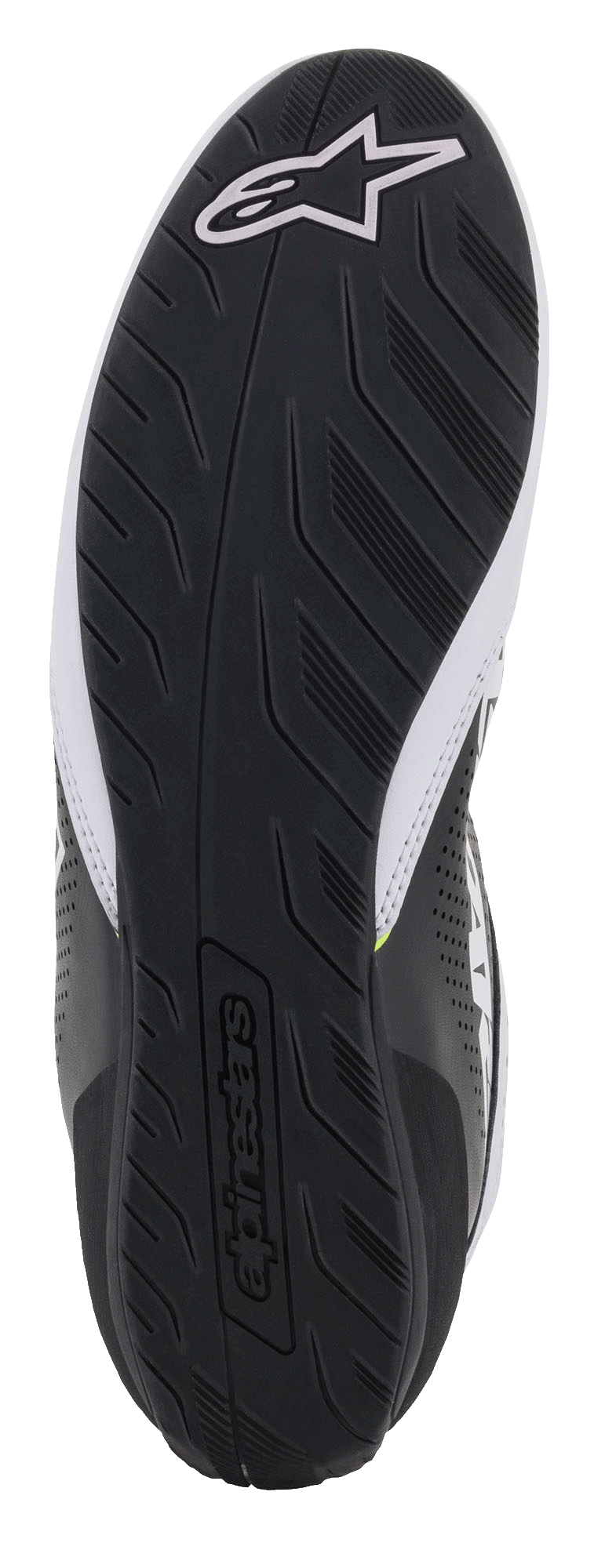 Alpinestars Tech-1 K Start V2 Shoes, black rubber sole view, textured tread pattern for grip, featuring a white Alpinestars logo and embossed wordmark, karting footwear.