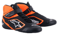 Alpinestars Tech-1 K V2 Karting Shoes, Black and Orange Fluo White, high-top racing footwear with dual closure ankle strap and laces, perforated synthetic material for breathability, sleek aerodynamic design with white Alpinestars logo