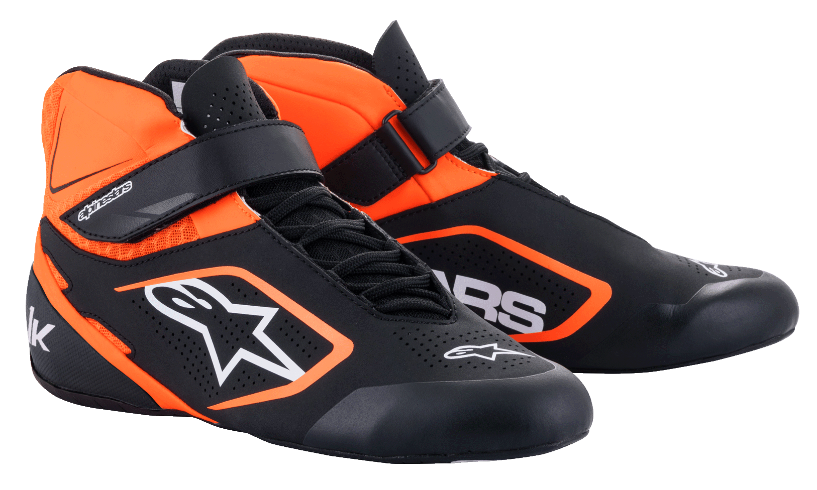Alpinestars Tech-1 K V2 Karting Shoes, Black and Orange Fluo White, high-top racing footwear with dual closure ankle strap and laces, perforated synthetic material for breathability, sleek aerodynamic design with white Alpinestars logo