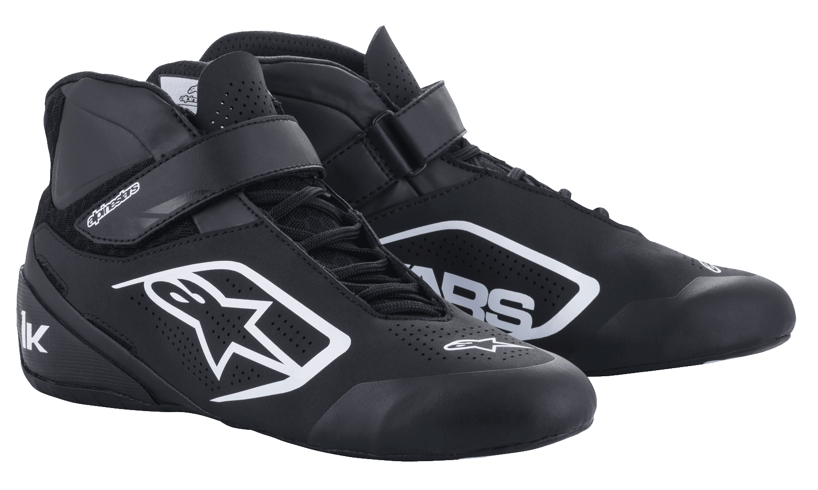 Alpinestars Tech-1 K V2 Shoes, Black and White Karting Racing Shoes, High-Top Design with Perforated Microfiber Ventilation, Dual Closure with Laces and Hook-and-Loop Strap, Bold White Logo, Motorsport Performance Footwear