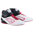 Alpinestars Tech-1 K V2 Shoes, Karting Shoes, White Black and Red, featuring a dual closure system with red laces and a black hook-and-loop strap, perforated panels for breathability, red Alpinestars star logo, and a sleek ergonomic profile for racing.