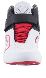 Alpinestars Tech-1 K V2 Shoes, Karting Shoes, White Black and Red, front view featuring red laces and a black adjustable hook-and-loop strap, perforated white tongue for airflow, sleek and breathable design for racing.