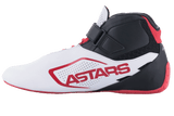 Alpinestars Tech-1 K V2 Shoes, Karting Shoes, White Black and Red, side view featuring red ASTARS branding on a white perforated panel, black upper with hook-and-loop strap and red laces, thin red sole for precision driving