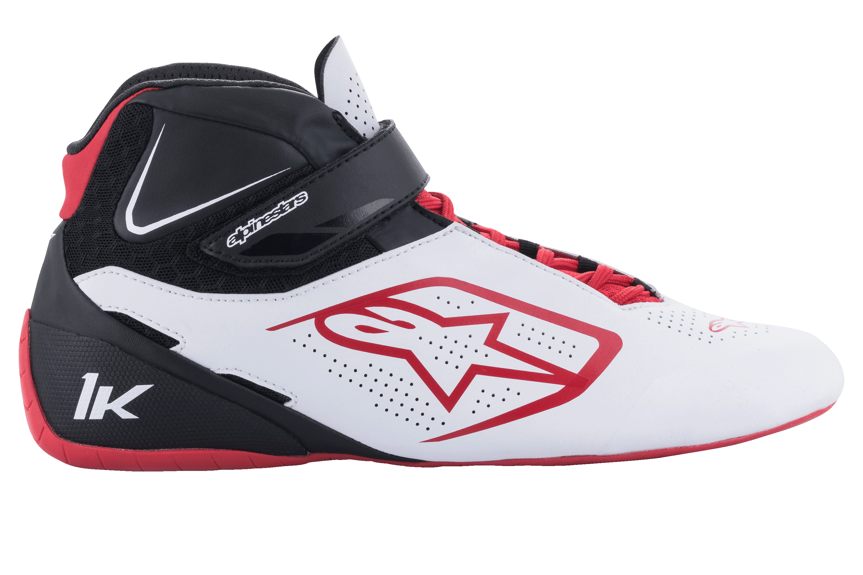 Alpinestars Tech-1 K V2 Shoes, Karting Shoes, White Black and Red, profile view featuring perforated white panels, red star logo, black ankle strap, and red laces, specialized motorsport footwear