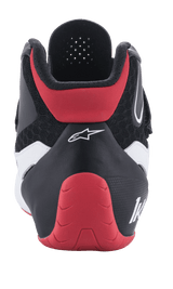 Alpinestars Tech-1 K V2 Shoes, Karting Footwear, Red Black and White, Rear View, featuring a red protective heel cup, black textile upper with white accents, and white Alpinestars branding.