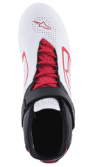 Alpinestars Tech-1 K V2 Shoes, Karting Shoes, White Black and Red, top-down view featuring red laces and a black hook-and-loop strap, perforated white upper with red Alpinestars logos, designed for breathability and support