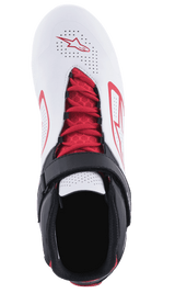 Alpinestars Tech-1 K V2 Shoes, Karting Shoes, White Black and Red, top-down view featuring red laces and a black hook-and-loop strap, perforated white upper with red Alpinestars logos, designed for breathability and support