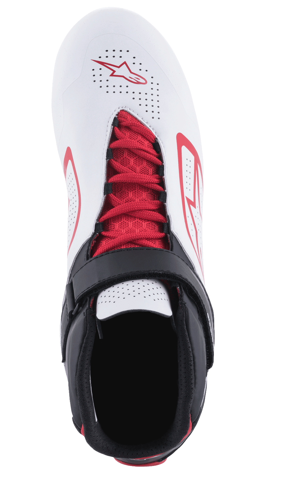 Alpinestars Tech-1 K V2 Shoes, Karting Shoes, White Black and Red, top-down view featuring red laces and a black hook-and-loop strap, perforated white upper with red Alpinestars logos, designed for breathability and support