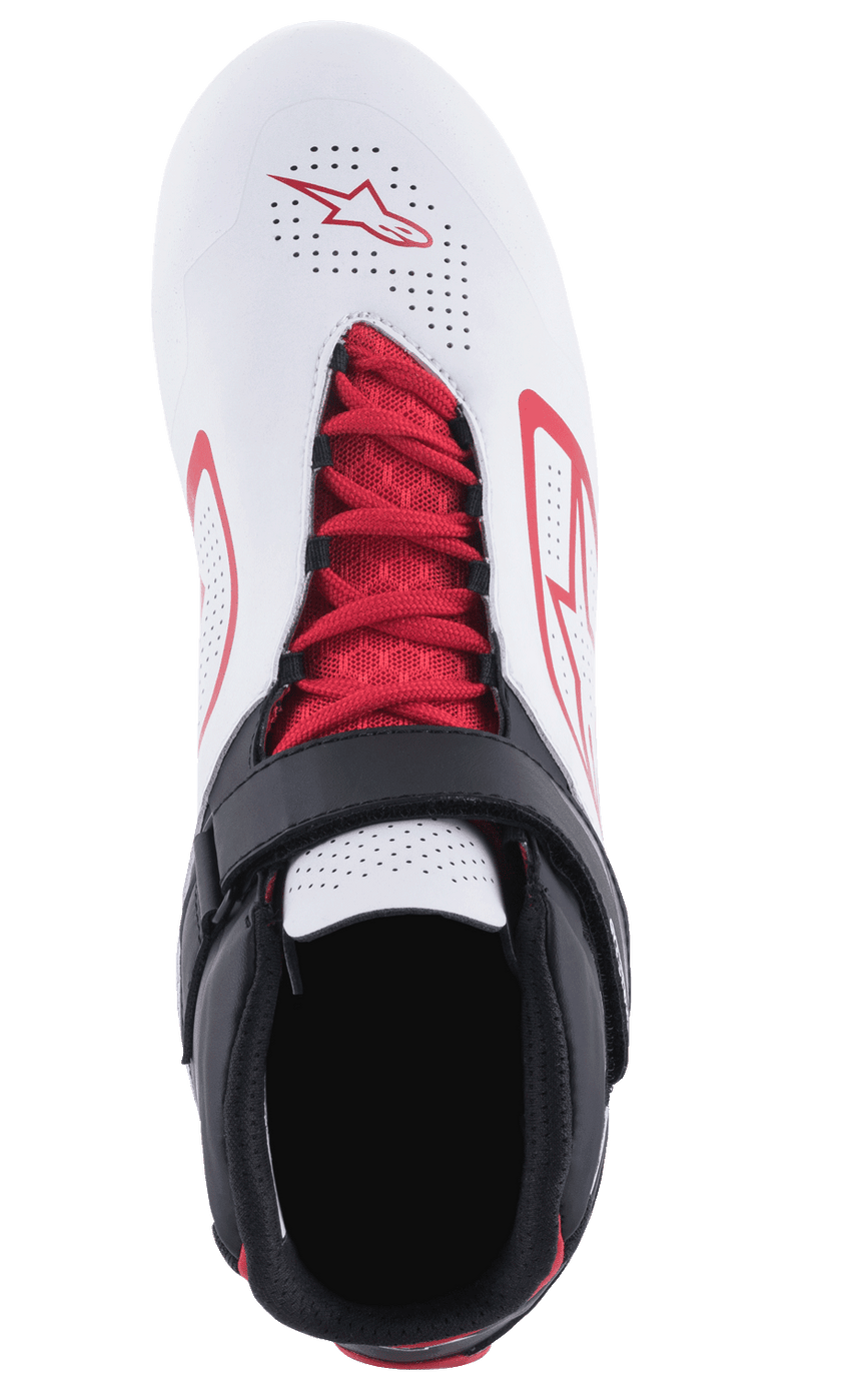 Alpinestars Tech-1 K V2 Shoes, Karting Shoes, White Black and Red, top-down view featuring red laces and a black hook-and-loop strap, perforated white upper with red Alpinestars logos, designed for breathability and support