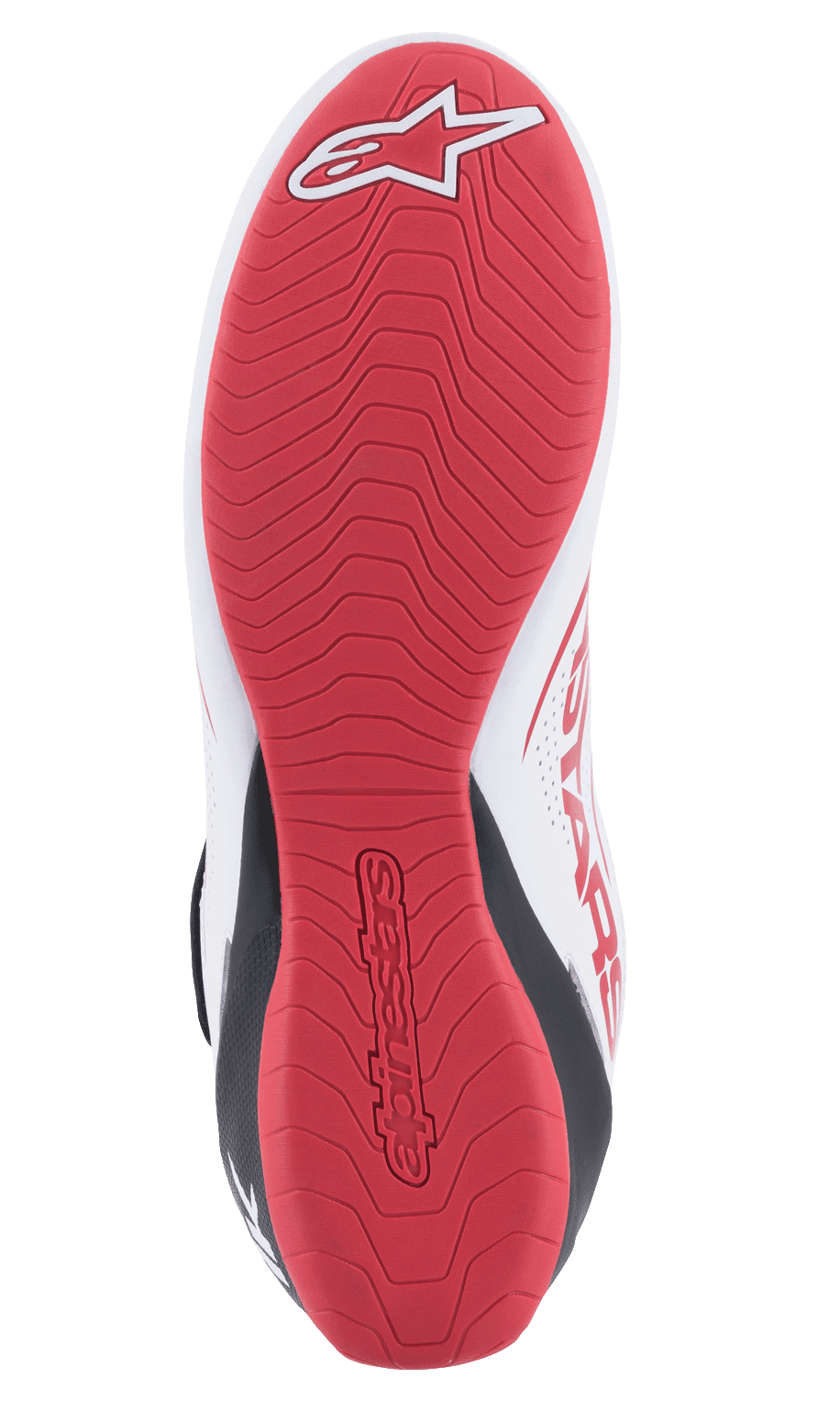 Alpinestars Tech-1 K V2 Shoes, Karting Shoes, White Black and Red, detailed bottom view of the red textured rubber sole featuring the Alpinestars logo and embossed branding, designed for maximum grip and tactile feel