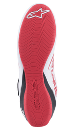 Alpinestars Tech-1 K V2 Shoes, Karting Shoes, White Black and Red, detailed bottom view of the red textured rubber sole featuring the Alpinestars logo and embossed branding, designed for maximum grip and tactile feel