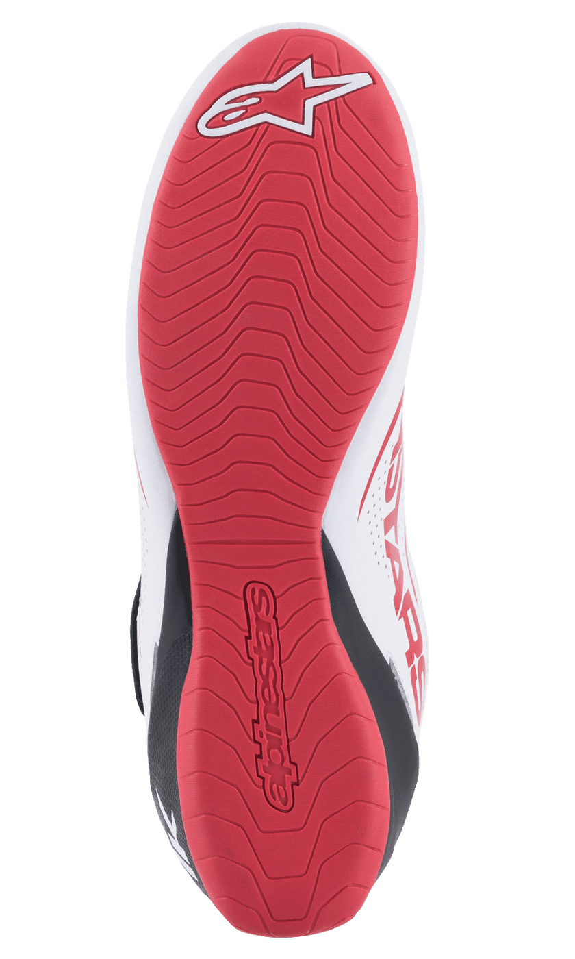 Alpinestars Tech-1 K V2 Shoes, Karting Shoes, White Black and Red, detailed bottom view of the red textured rubber sole featuring the Alpinestars logo and embossed branding, designed for maximum grip and tactile feel