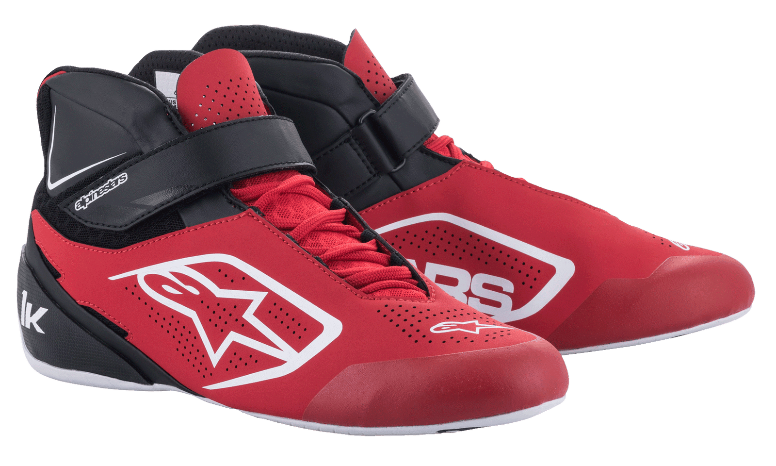 Alpinestars Tech-1 K V2 Karting Shoes, Red Black and White, mid-cut racing footwear with red laces and black hook-and-loop ankle strap, perforated microfiber upper with white Alpinestars logos, ergonomic design for professional karting