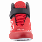 Alpinestars Tech-1 K V2 Shoes, Karting Shoes, Red Black and White, front view featuring a black hook-and-loop ankle strap and red laces, perforated red upper with white Astars logos, ergonomic design for kart racing