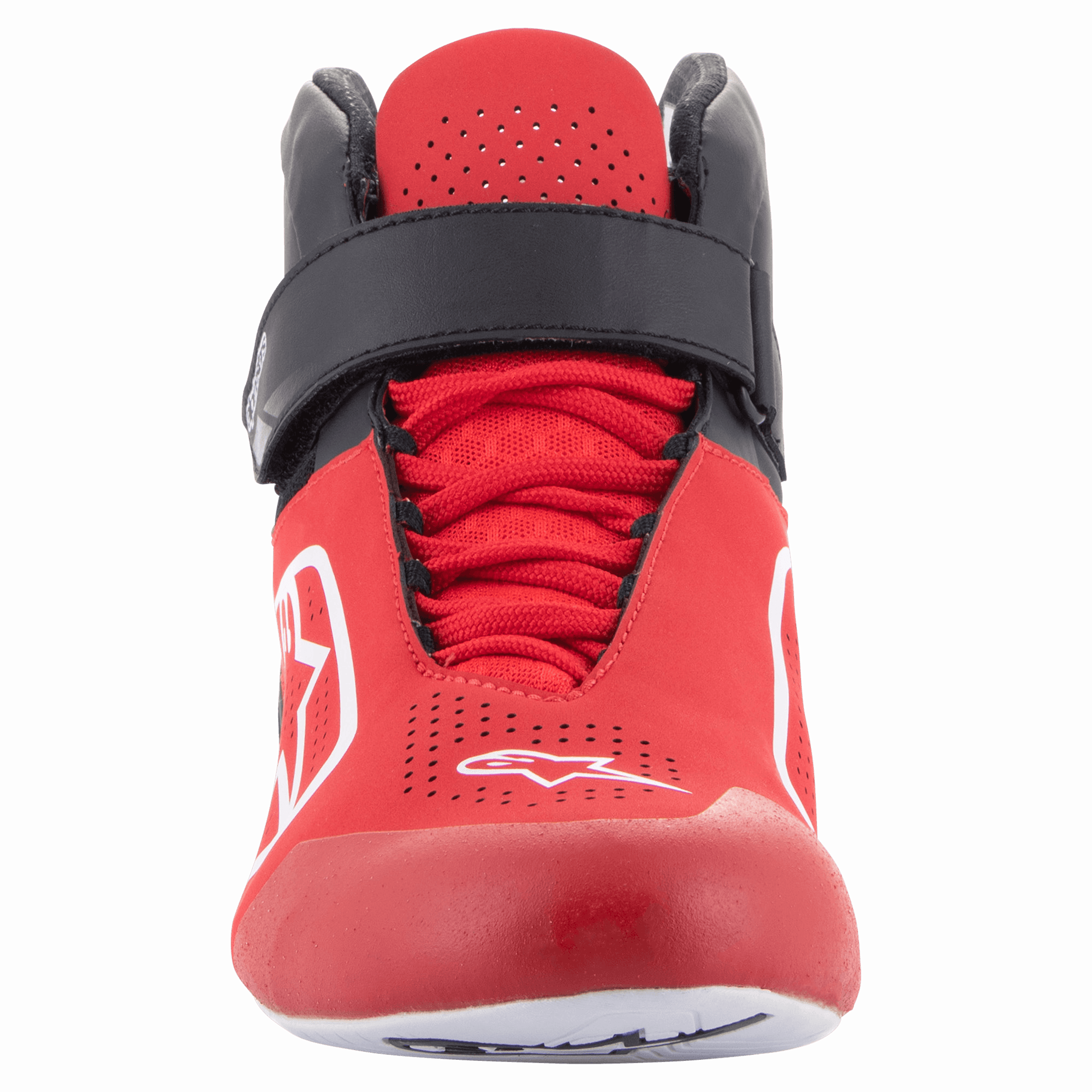 Alpinestars Tech-1 K V2 Shoes, Karting Shoes, Red Black and White, front view featuring a black hook-and-loop ankle strap and red laces, perforated red upper with white Astars logos, ergonomic design for kart racing