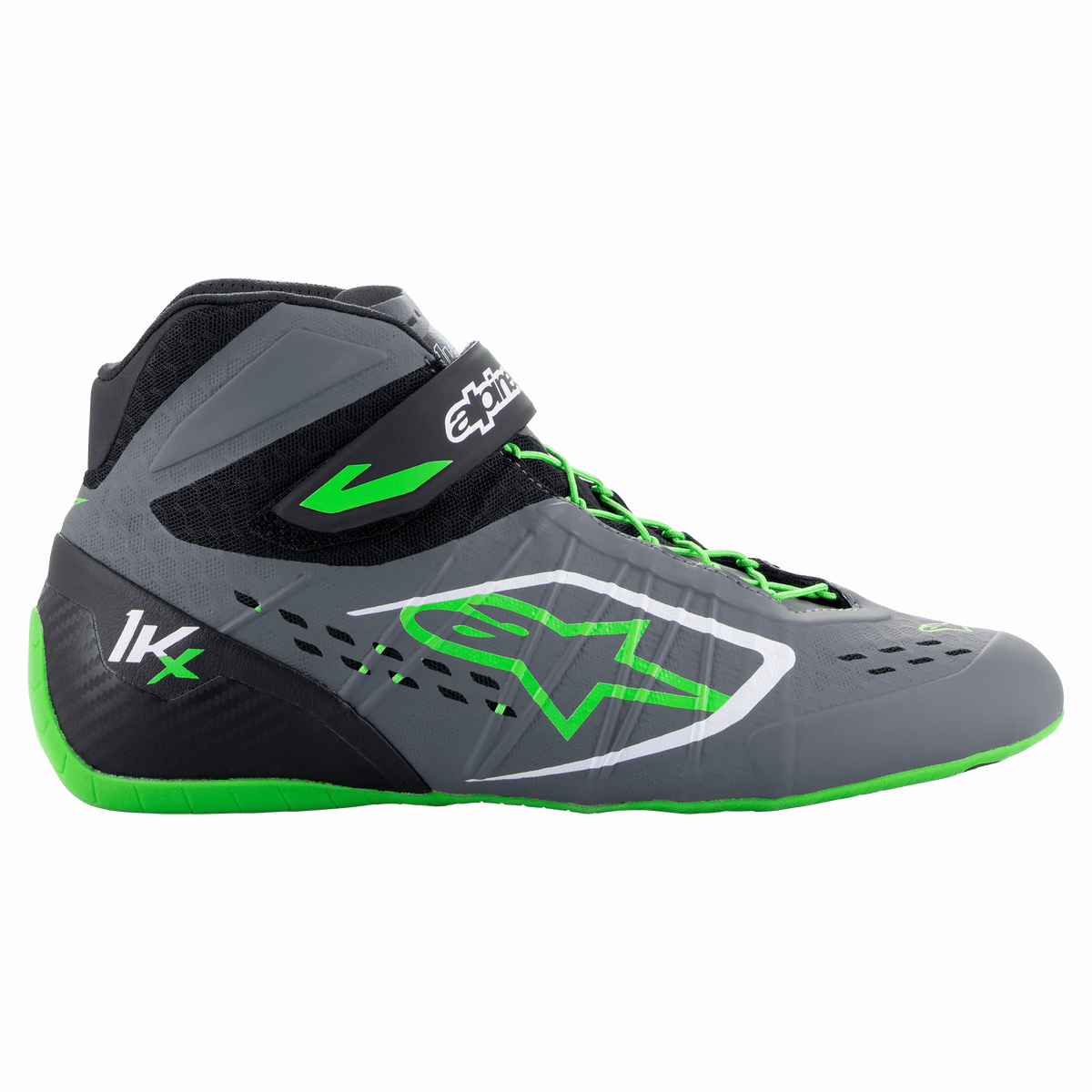 Alpinestars Tech-1 KX V2 Shoes, Karting Racing Shoes, Gray and Black with Green Accents, High-Top Design with Green Star Logo, Neon Green Sole and Laces, Black Velcro Strap, Lightweight Performance Footwear