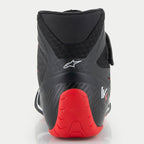 Alpinestars Tech-1 KX V3 Shoes, Karting Shoes, Black White Red, rear view showing the contoured red heel and white logo, featuring a textured finish and breathable mesh collar for track performance