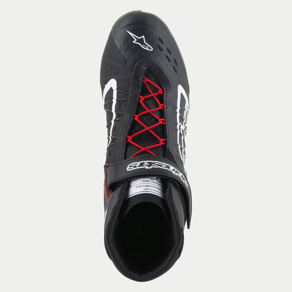 Alpinestars Tech-1 KX V3 Shoes, Karting Shoes, Black White and Red, top-down view featuring red laces and a black ankle strap with white branding, white Alpinestars logo on the toe, sleek breathable design for motorsport performance.