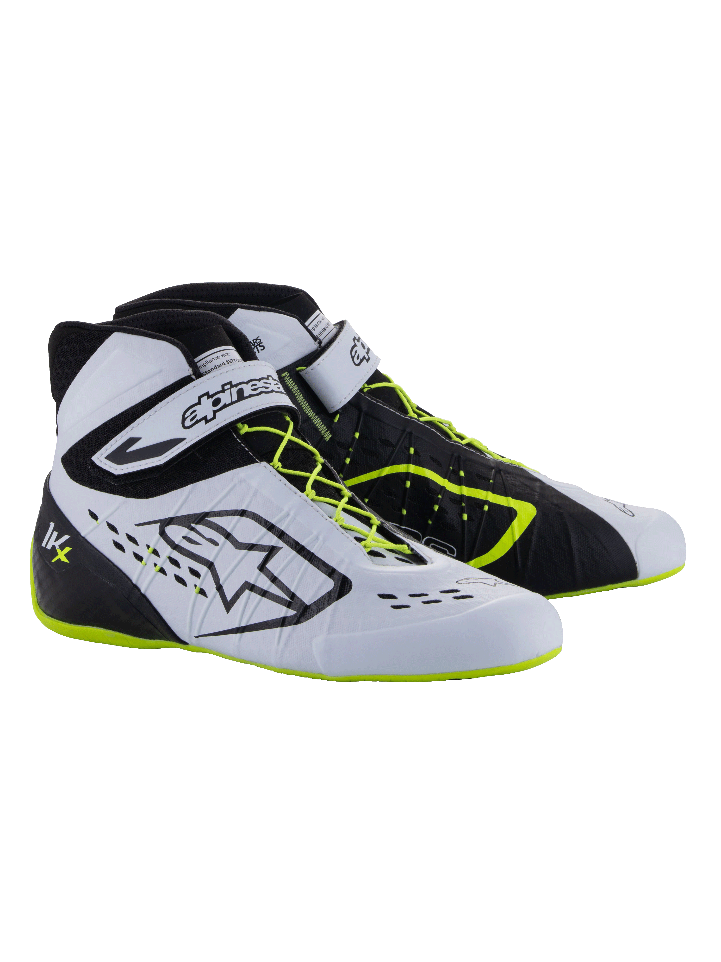 Alpinestars Tech-1 KX V3 Shoes - FIA, Karting Shoes, Black White and Yellow Fluo, high-performance racing footwear with asymmetric lacing, velcro ankle strap, neon yellow accents on the laces and sole, and breathable laser-cut panels
